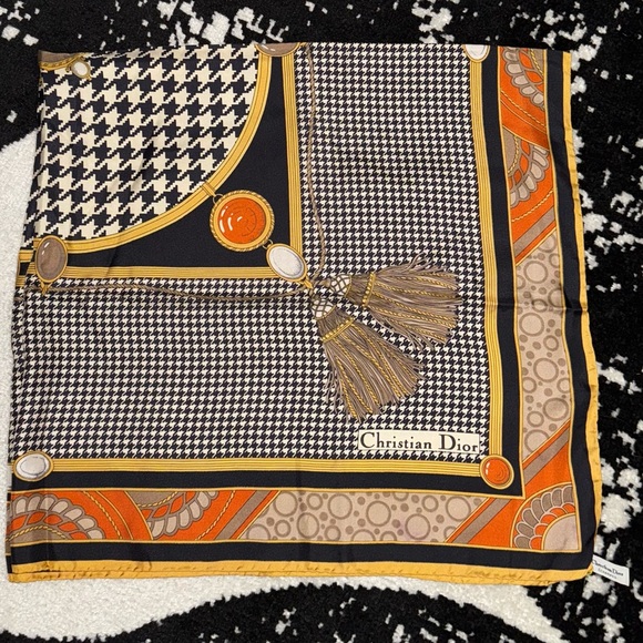 Christian Dior AUTHENTIC Herringbone Logo Vintage Silk Scarf Navy Orange Cream - Picture 5 of 16